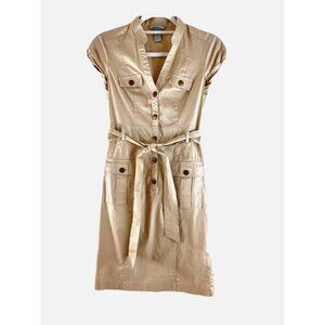 Women's H&M Khaki Tan Short Sleeve Shirt Dress Button Belted Tie Waist Size 2